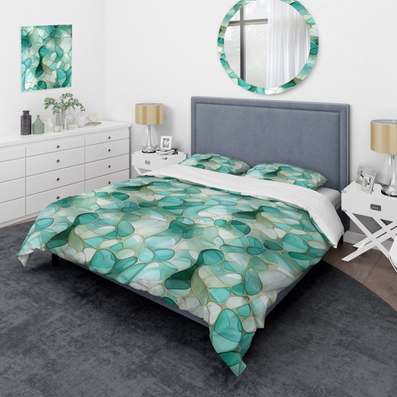 Designart "Emerald Seaglass Mosaic" Green Abstract Bedding Covert Set - Modern & Contemporary Bed Set With 2 Shams