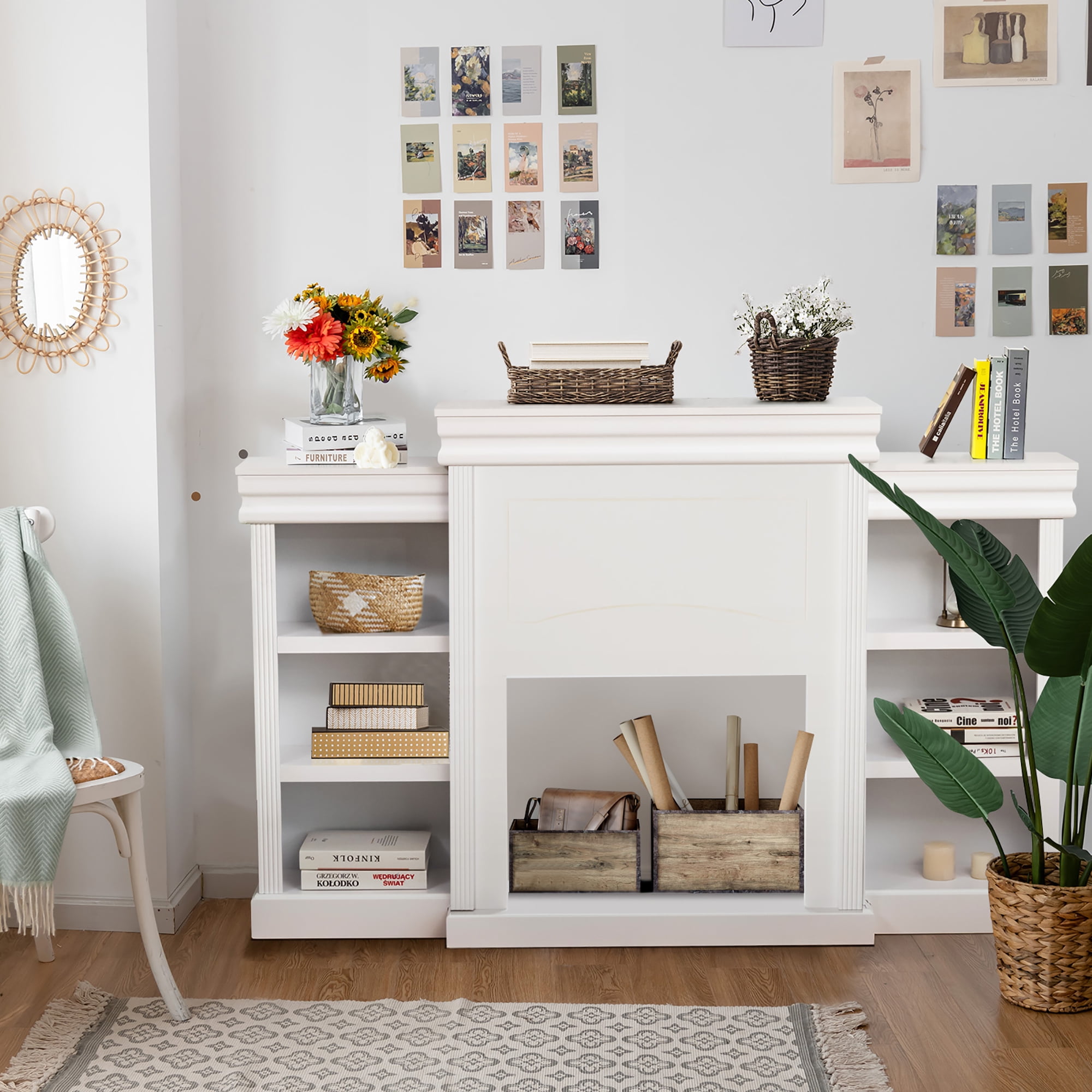Costway 70'' Fireplace TV Stand Modern Media Entertainment Center Bookcase White