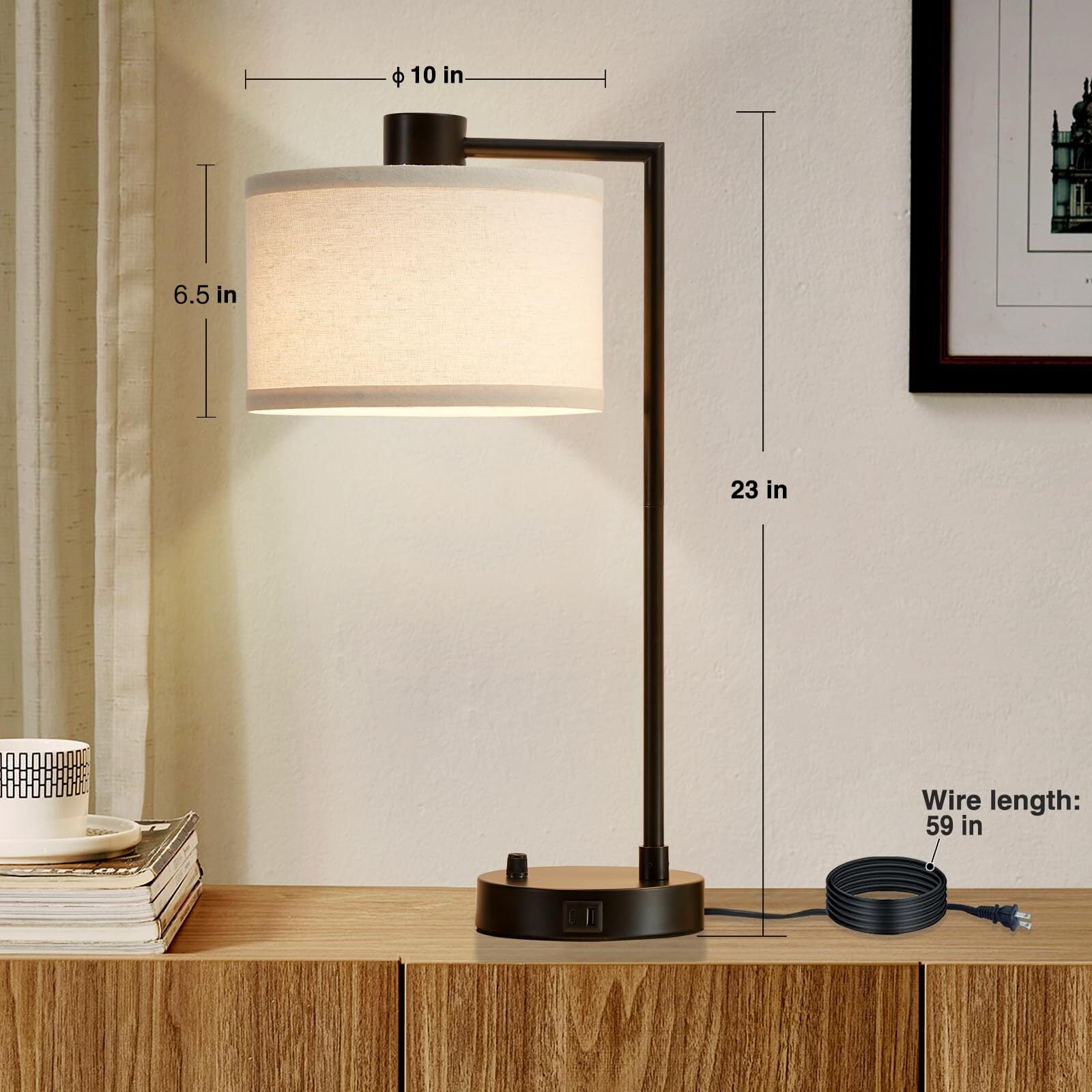 NATYSWAN Table Lamp for Bedroom Set of 2 with USB C+A Ports, Fully Stepless Dimmable Bedside Lamp with Linen Lampshade, Contemporary Lamp for Living Room Reading Office, 2 LED Bulbs Included (Black)