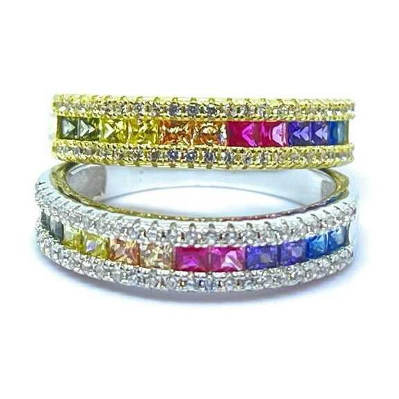 ADIRFINE 925 Sterling Silver Colored Princess Cut Rainbow Cubic Zirconia Ring