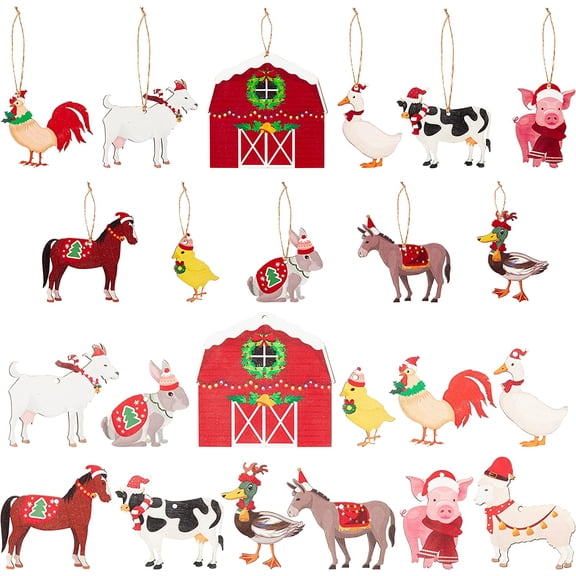 37pcs Christmas Farm Animal Hanging Wooden Ornaments Xmas Tree Decorations, Tags Hang Craft Wood Slice, Rustic Farmhouse Holiday Party Favor Art Decor for Home Wall Garden Decor