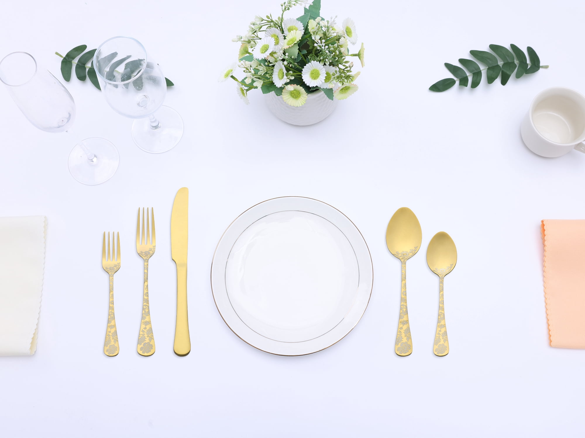 Unique Bargains 20 Pieces Floral Stainless Steel Flatware Set for 4 Gold
