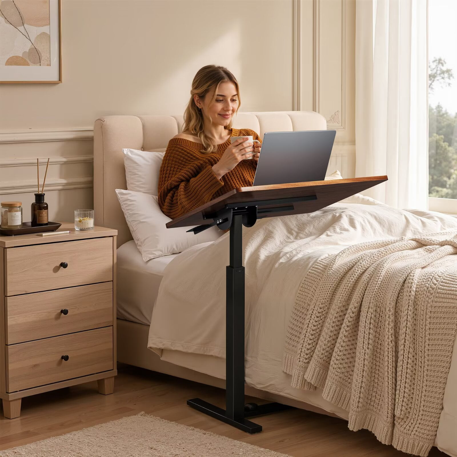 Simple Deluxe 0-180°Tilt Top Mobile Standing Desk Adjustable Overbed Table, Pneumatic Height Adjustable Rolling Laptop Desk with Hidden Wheels,Brown