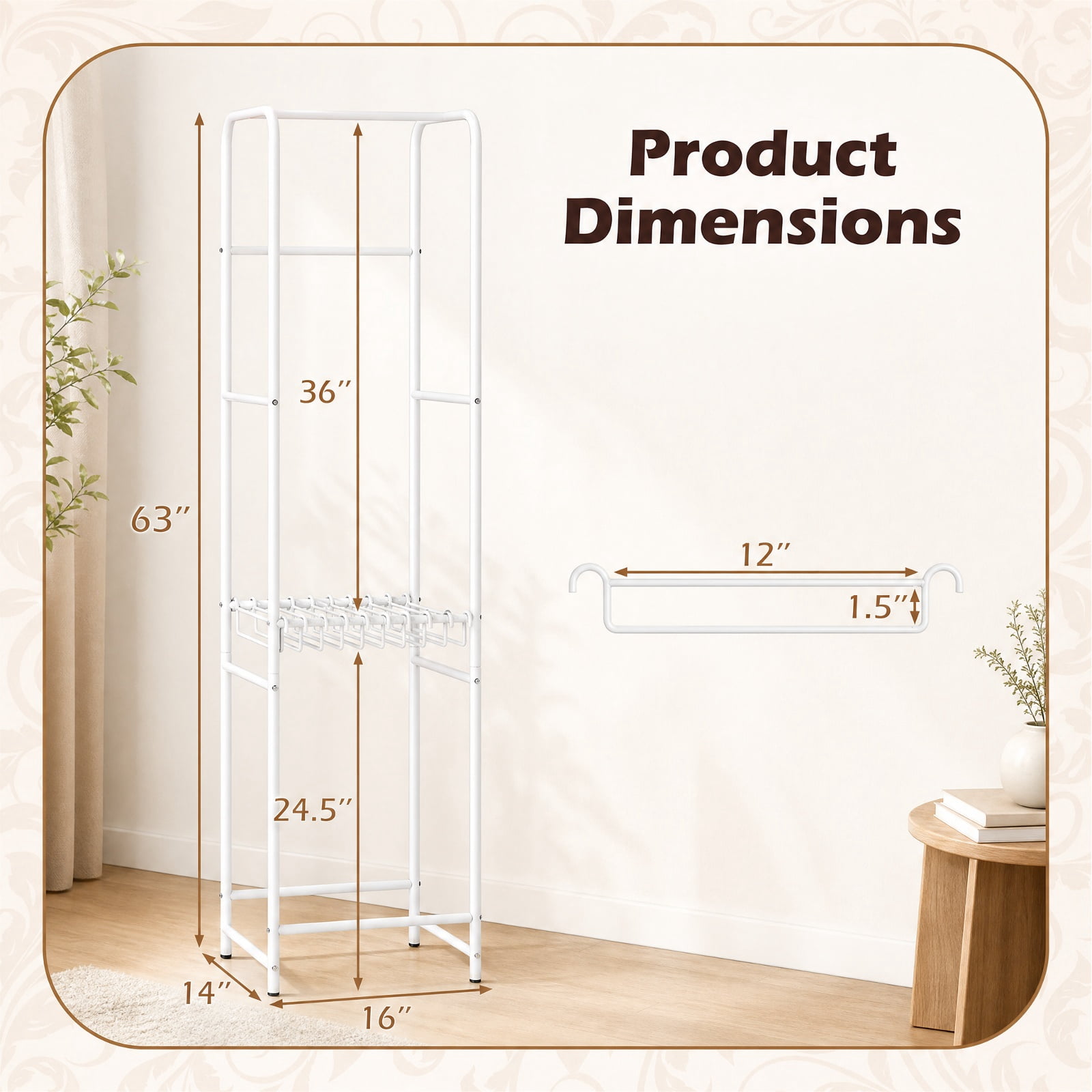Furnibear Slim 63 Inch Freestanding Coat Rack Stand Garment Organizer with 8 Hanging Rods and 10 Detachable Pants Hangers for Bedroom Closet, White