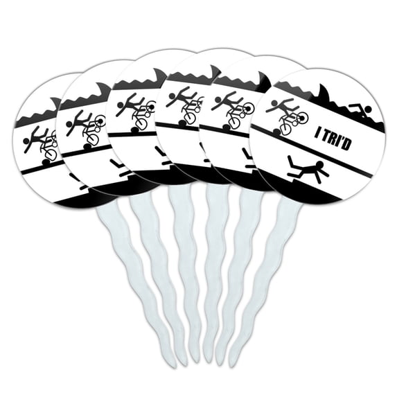 I Tri'd Triathlon Triathlete Swim Bike Run Tried Funny Cupcake Picks Toppers Decoration Set of 6