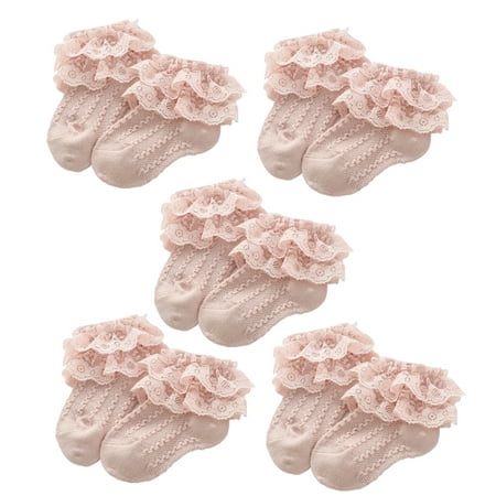 

5 Pairs Baby Girls Lace Ruffle Socks Cute Cotton Lace Princess Socks L(2-5years)-Pink