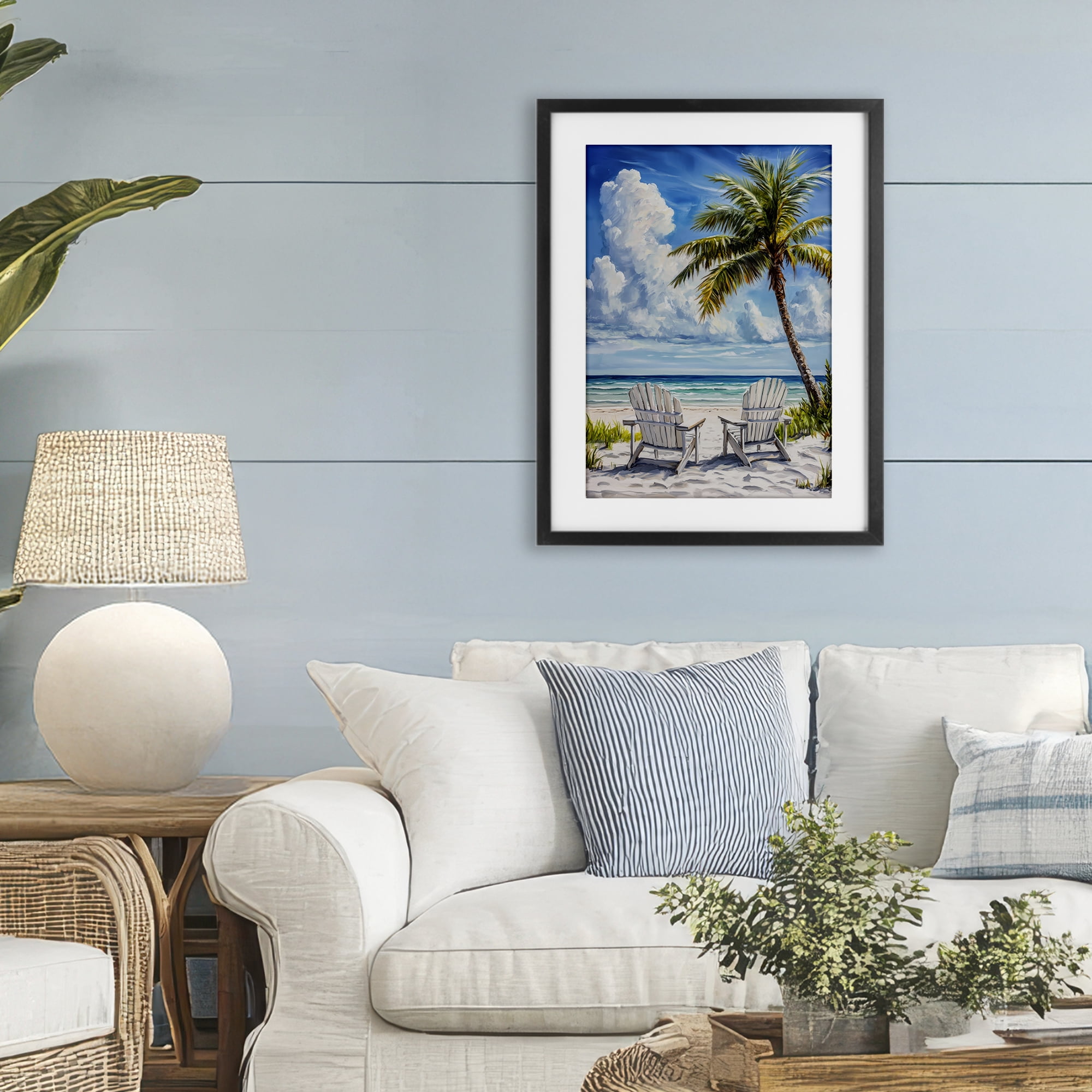 Stupell Industries Clouded Beach with Looming Palm Black Framed Print Under Glass, design by Petal Prints Design