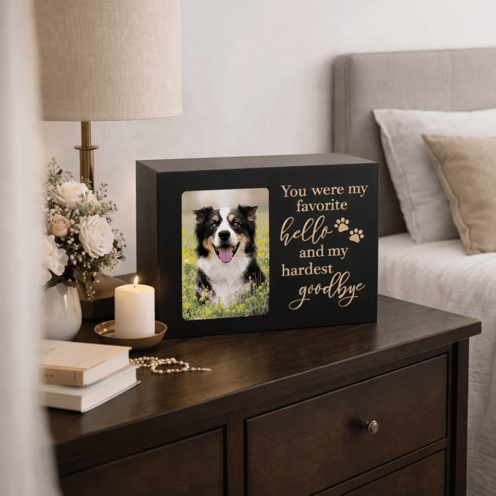 Pet Memorial Urn, Large Wooden Cremation Urn with Photo Frame, Keepsake Memory Box for Dog and Cat Ashes, Black Flannel Lining