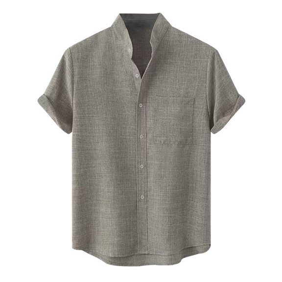 LIIPEE Men Shirts Summer Casual Solid Color Stand Neck Short Sleeve Shirt With Pockets Male Button Up Loose Fit Fashion Tops Comfortable Breathable Soft Daily Shirts,Grey,L
