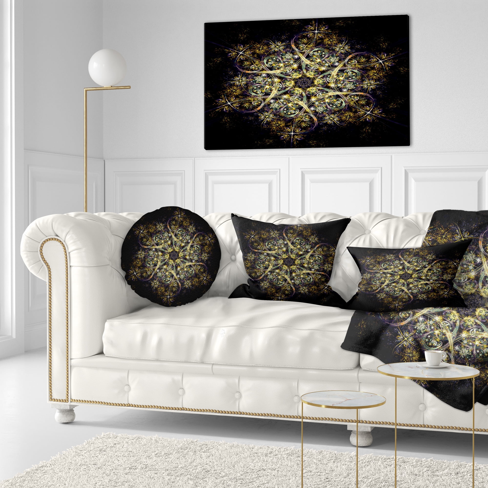 Designart Black Yellow Fractal Flower Pattern - Abstract Throw Pillow - 12x20