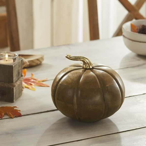 VHC Brands Heirloom Wooden Pumpkin Walnut Brown, Fall and Halloween Home Decor for Tables and Shelves, Indoor Decorations for Tabletop Dark Brown, Gold, 6.5x7