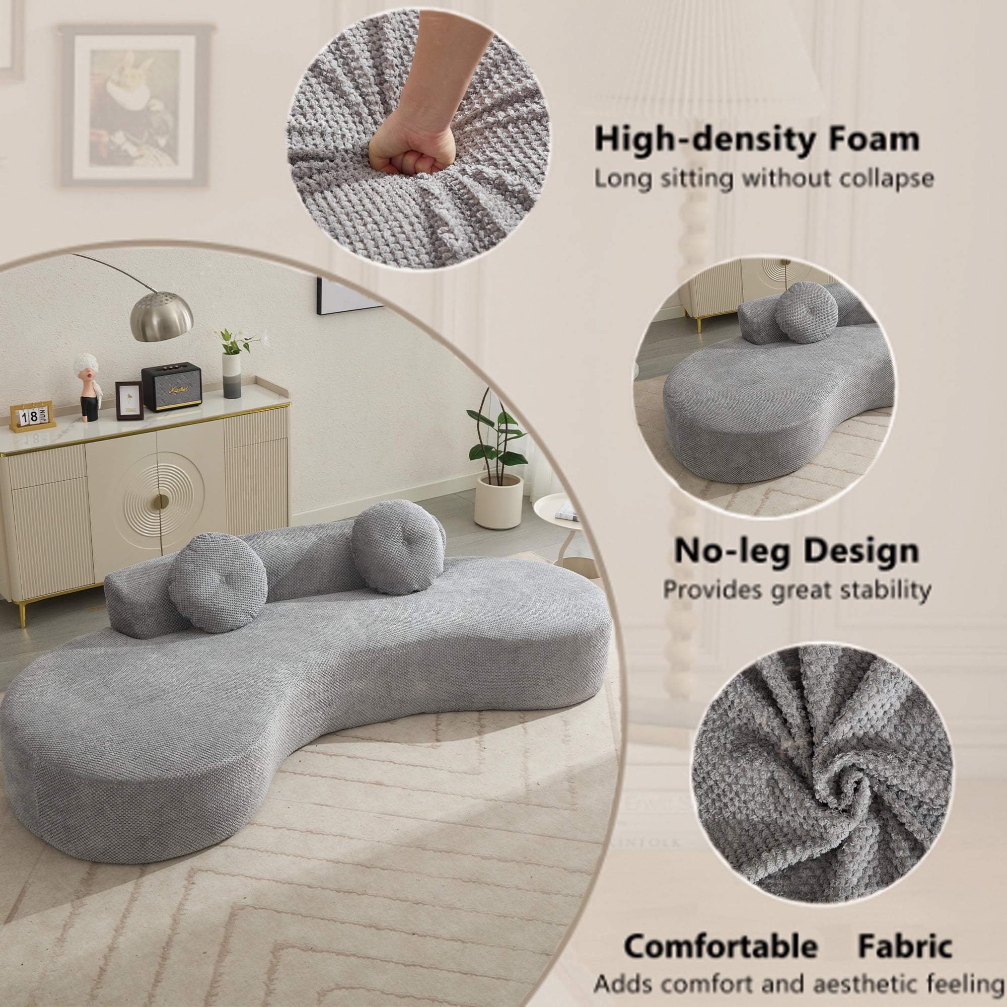 Aukfa 106" Curved Chaise Sofa Deep Seat Sofa for Living Room, 2 Pillows, Corduroy, Gray