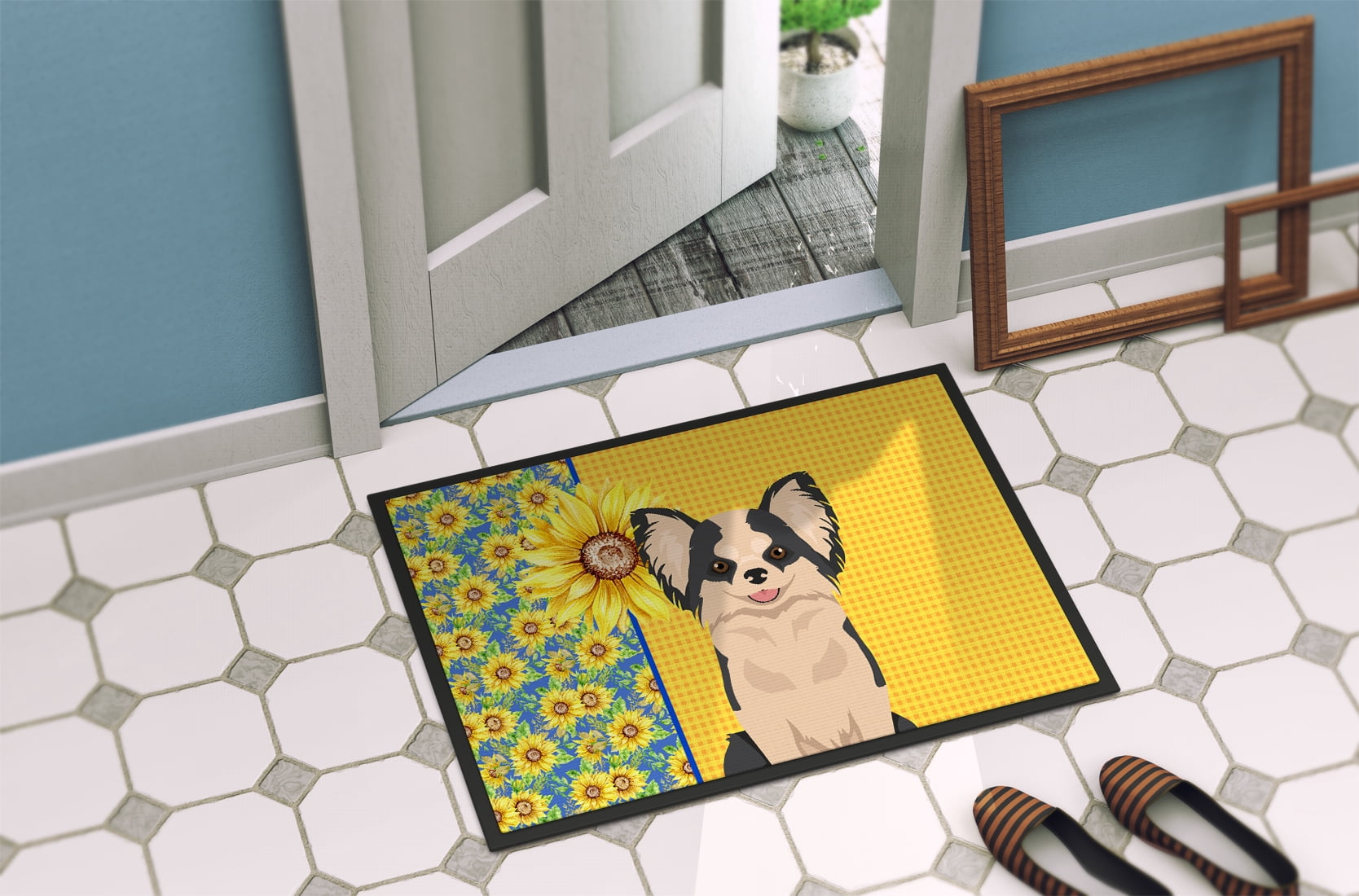 Summer Sunflowers Longhaired Black and White #2 Chihuahua Indoor or Outdoor Mat 24x36 36 in x 24 in