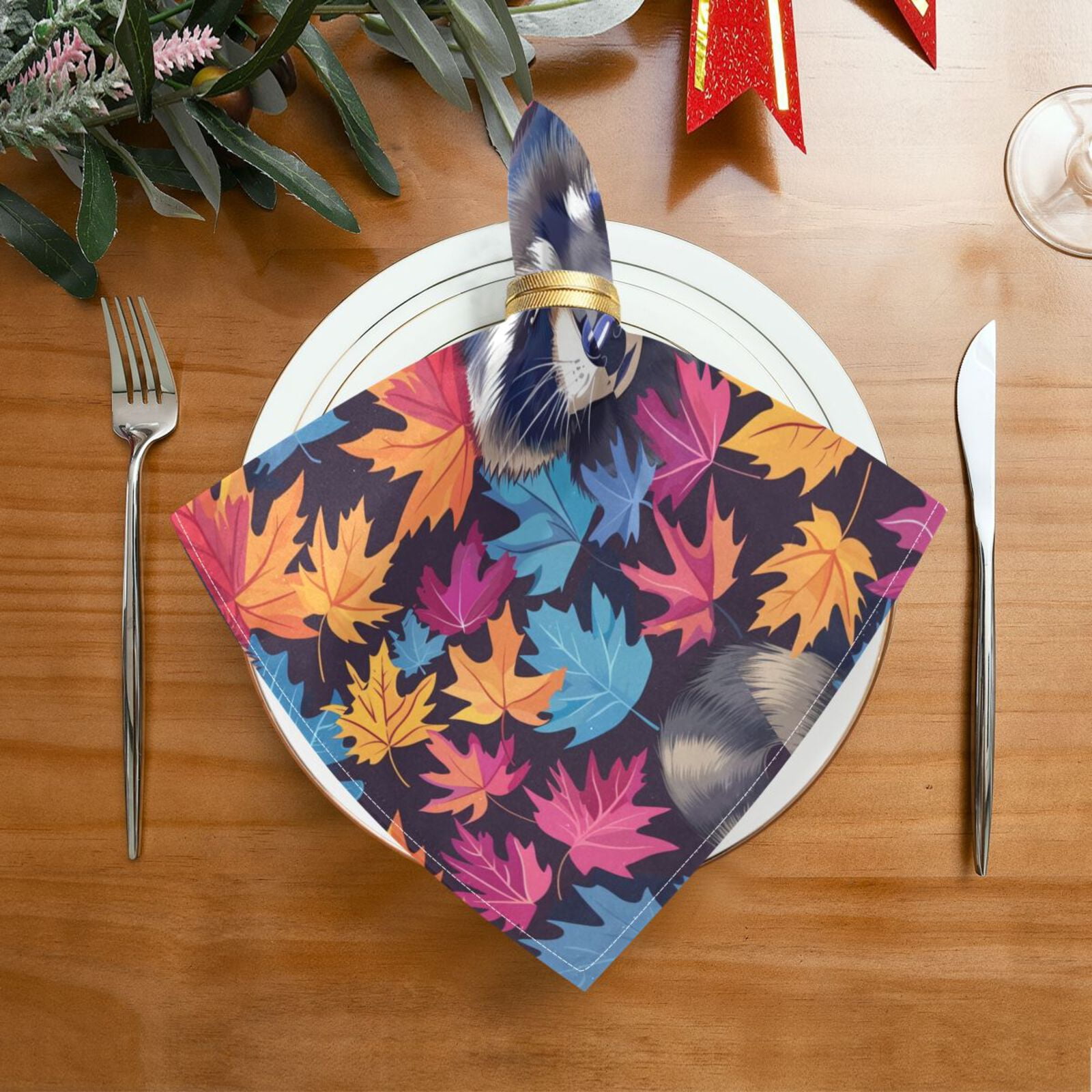 JSTEL Raccoon Maple Leaves Rainbow Color Cloth Napkins Set of 6, 20x20 Inch Washable and Reusable Napkin for Decoupage Dinner Party Everyday Use