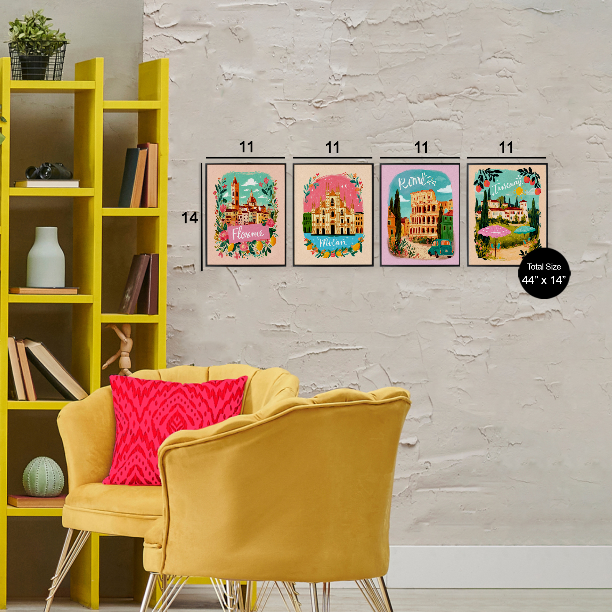 Italy Travel Locations with Florals 4 Piece Black Framed Giclee Art Set, design by Yen