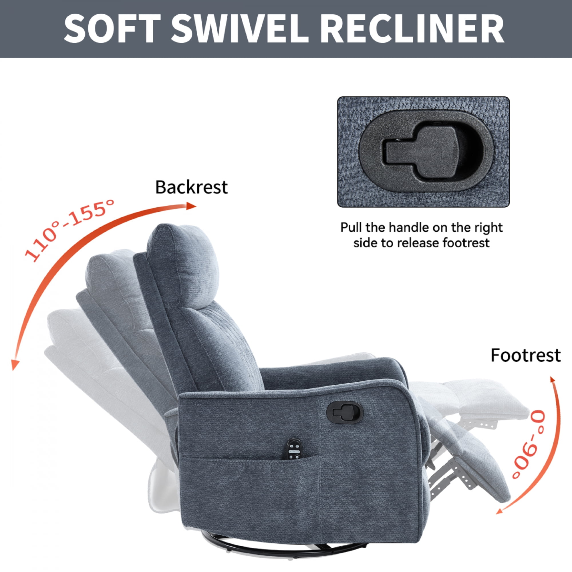 360 Swivel Rocking Recliner Chair for Adults, Nursery Rocking Chair with Heat and Massage, Glider Reclining Chair for Small Space, Living Room, Bedroom (Chenille, Blue)