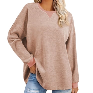 Erwazi Chandails à Manches Longues pour Femmes, Col Rond, Couleur Unie, Tunique en Tricot Gaufré