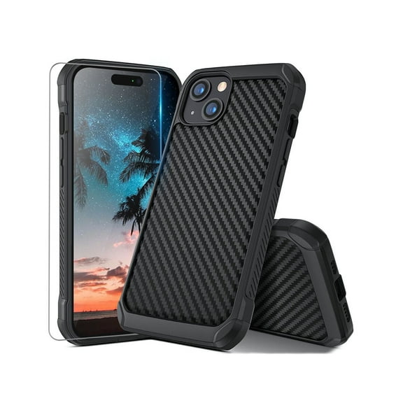 Carbon Fiber Hybrid Ultra Thin Hard Matte Case Compatible with iPhone 15 Plus, with Tempered Glass Screen Protector, Anti-Scratch, Anti-Slip