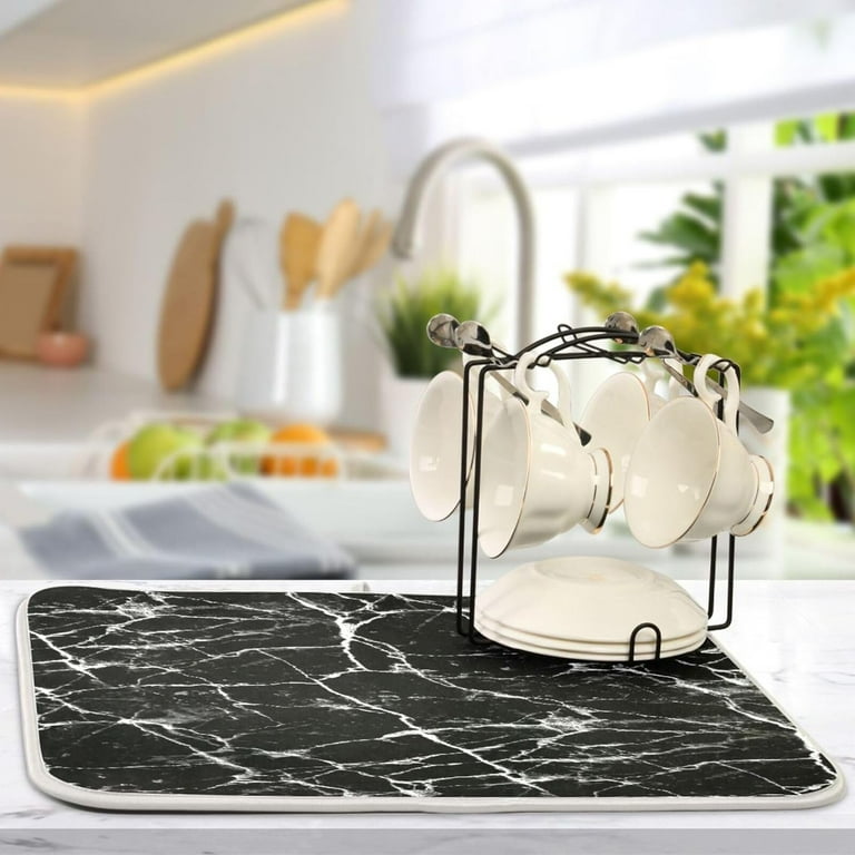 GZHJMY Black Marble Texture Dish Drying Mat for Kitchen Counter Super Quick Absorbent Composite Sponge Dish Drying Pad Heat Resistant Non Slip Rack Tableware Mat 16x18Inch for Dishes Coffee Machine Wa...