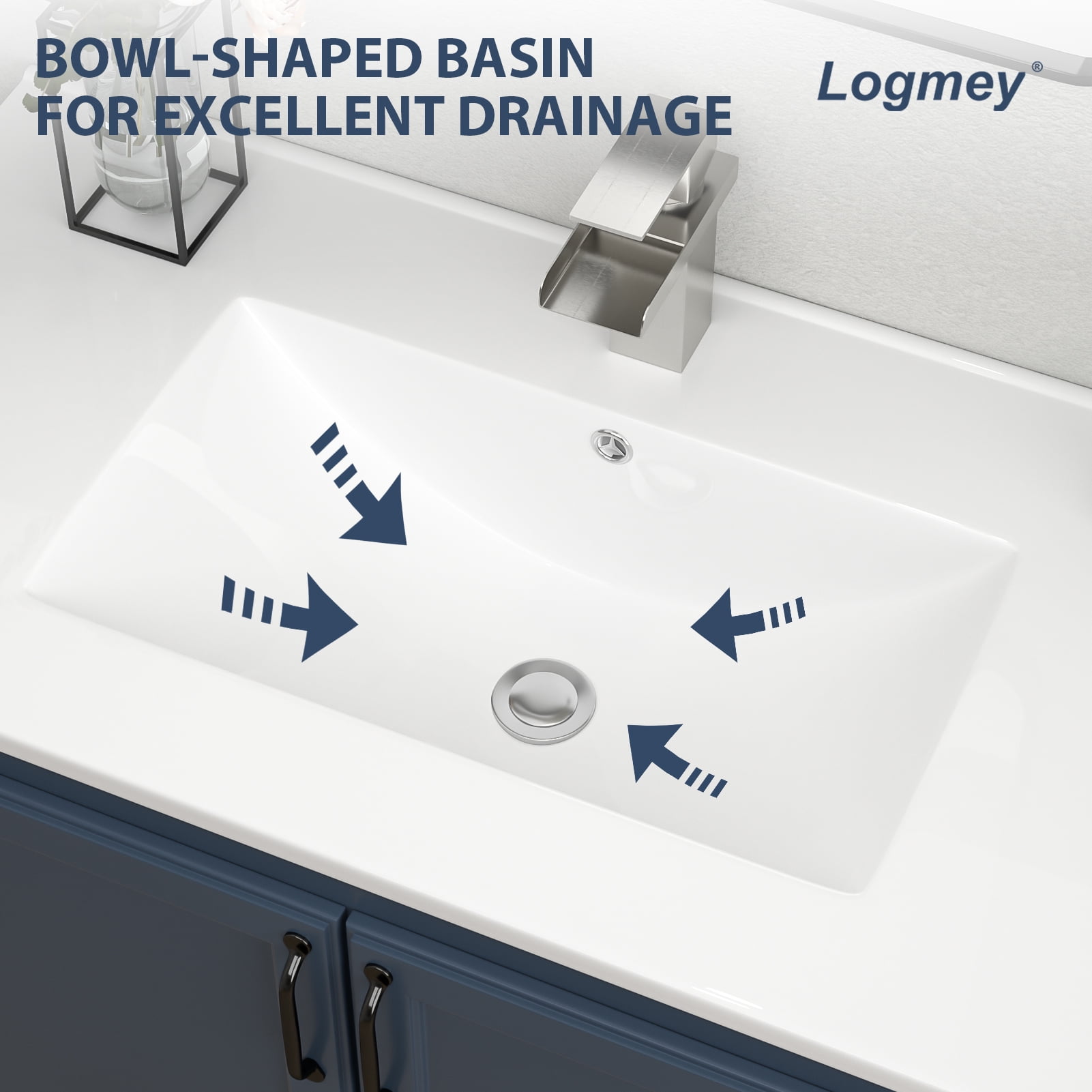 Logmey 36"x18" Porcelain White Bathroom Ceramic Sink Rectangular Top Mount Sink with Overflow Hole, Pre-Drilled Faucet Hole