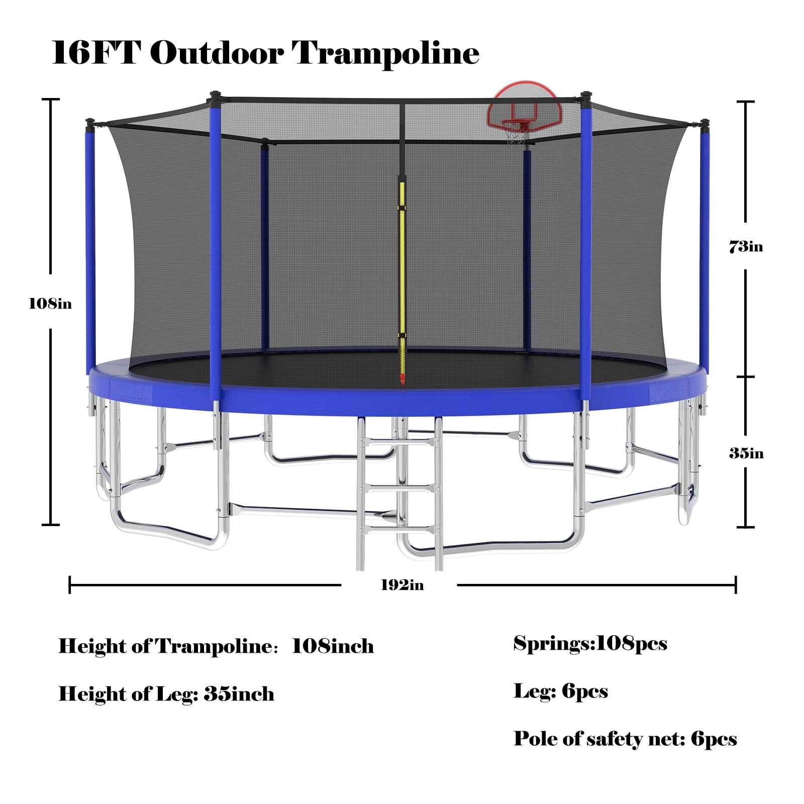 16FT Kids Trampoline with Hoop - Outdoor Trampoline W/Enclosure Net & Ladder, XXL Round Trampolines with Steel Support, Max Weight Capacity 1320LBS