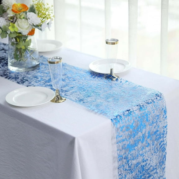 Efavormart 108" Sparkly Metallic Royal Blue Foil Thin Mesh Polyester Table Runner - 25GSM