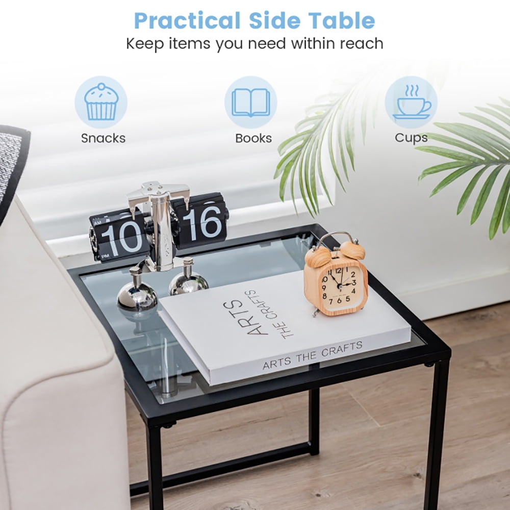 Finihen Side Table, Glass Side Table, Tempered Glass Side Table with Metal Frame, for Indoor and Outdoor, Black