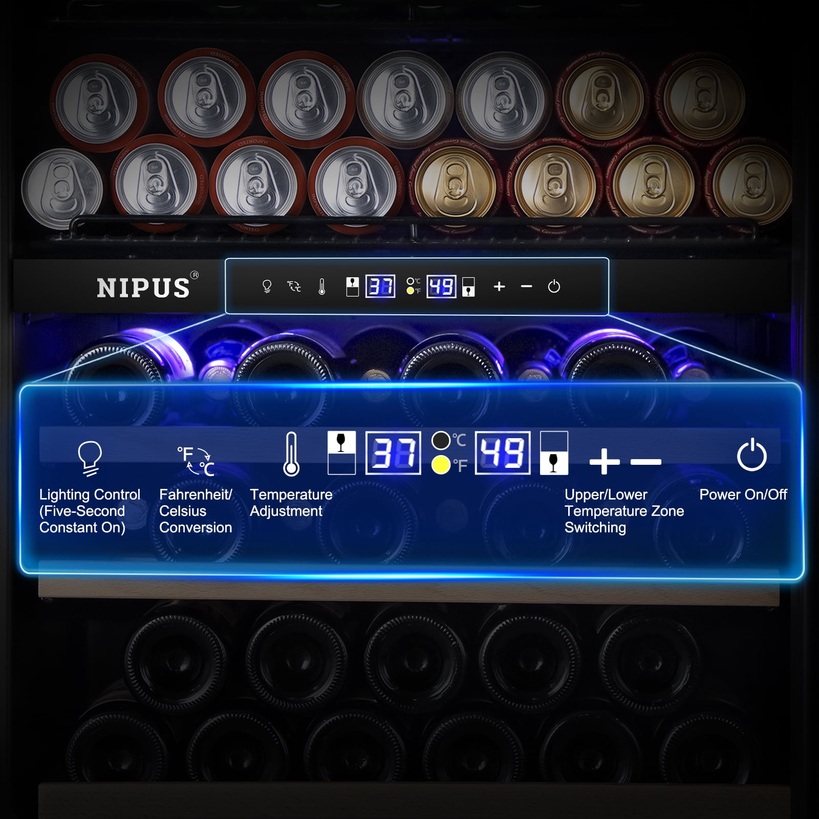Nipus 24"Wine Cooler Refrigerator Dual Zone Upper and Lower 27-Wine Bottles and 94-Cans Beverage Refrigerator ,Low Noise