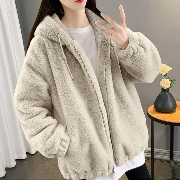 jtjvou Warm Thick Hooded Zipper Coat Casual Fleece Long-sleeved Winter Jacket Comfortable Loose Fit Stylish Outdoor Coat for Women Perfect for Spring and Fall Beige XXL