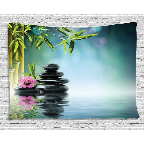 Zen Garden Tapestry, Pink Flower Spa Stones and Bamboo Tree on the