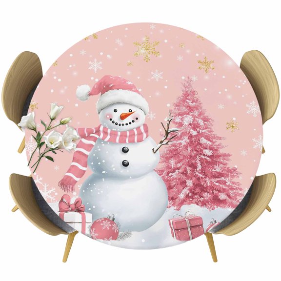 Pink Christmas Round Tablecloth, Fitted Table Cover with Elastic for 36"-44" Round Tables, Snowman Snowflake Gifts Xmas Tree Table Cloth Outdoor Indoor Dinning Party Waterproof Tablecloths