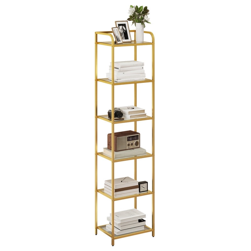 Uforic 6 Tier Modern Bookshelf, Tempered Glass Narrow Bookshelf, Open Display Bookcase, Gold Shelf Unit for Home Office, Living Room