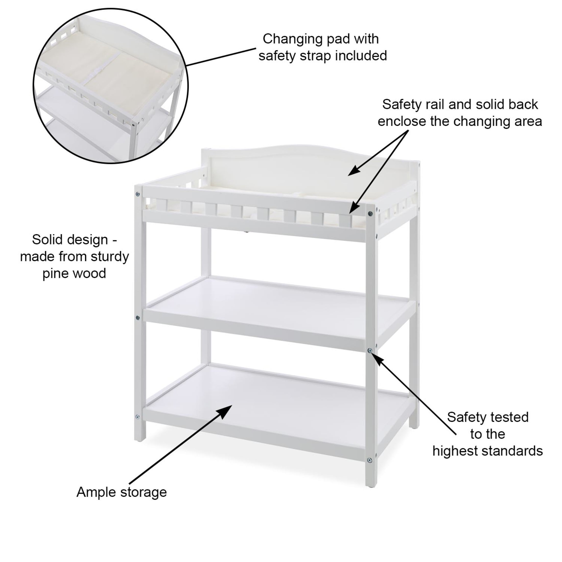 Badger Basket Simply Stylish 2-Shelf Wooden Diaper Baby Changing Table, White