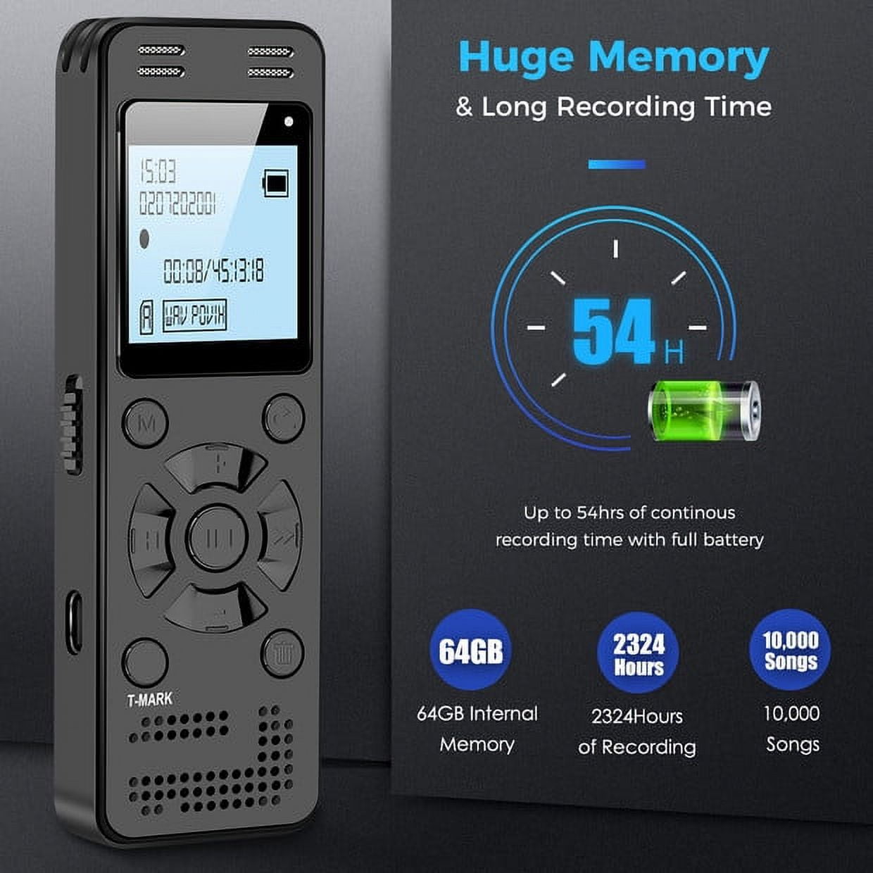 RONY 64GB Digital Voice Recorder: 2324 Hours Voice Activated Recording Device USB Charge with Playback for Lectures Meetings