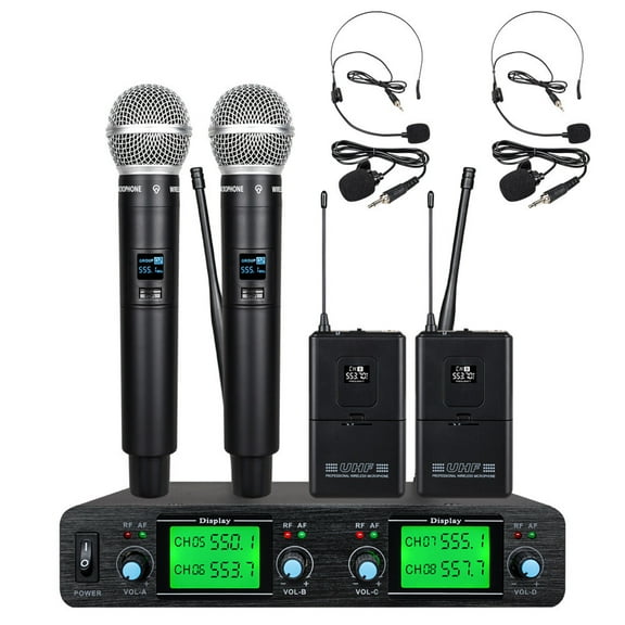 Wireless Microphone System 4 Channel 2 Handheld 2 Headset 2 Lavalier Church UHF