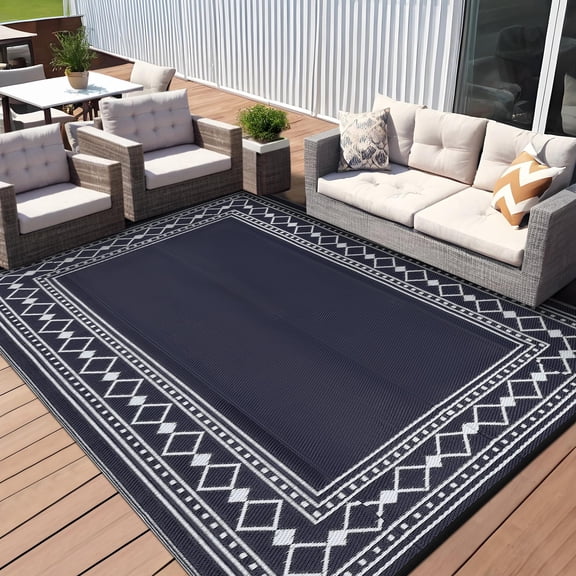 Waterproof Reversible Outdoor Rug for Patio, Modern Bordered Plastic Straw Mat - Easy to Clean, Portable for RV, Deck, Balcony, Backyard, Picnic, Beach
