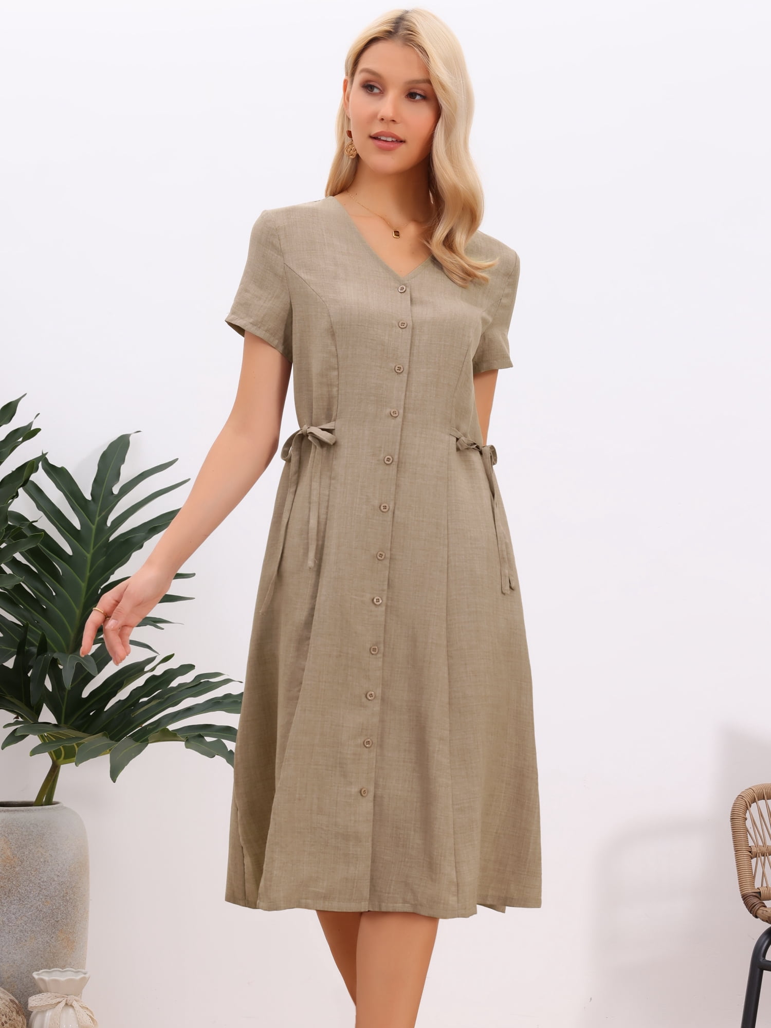 DARING DIVA Women's A-Line Linen Button Down V Neck Short Sleeve Midi Dress M Khaki