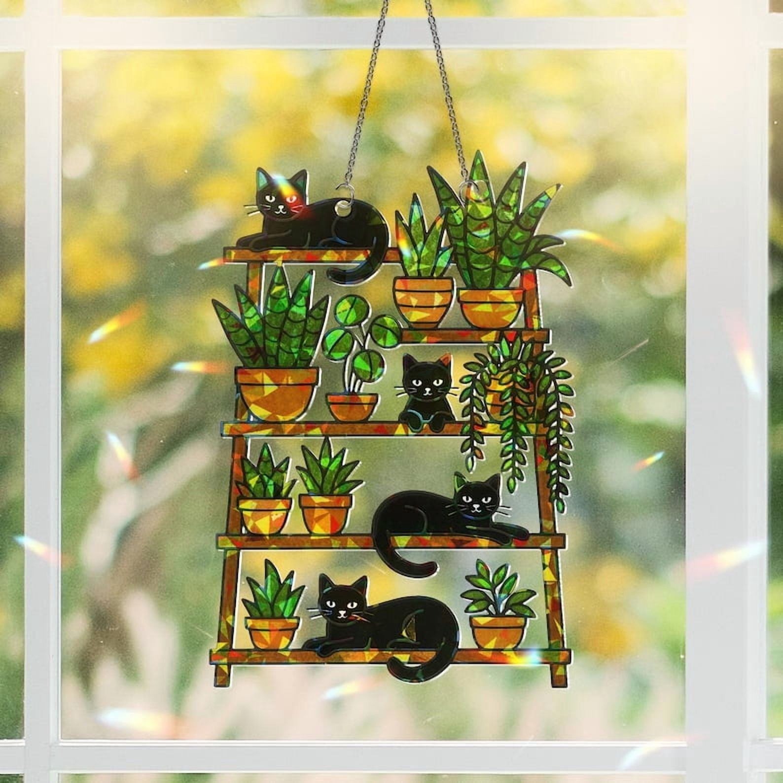 ViciArt Black Cat & Plant Shelf Acrylic Window Hanging – 9" Holographic Cat Lover Suncatcher Decor
