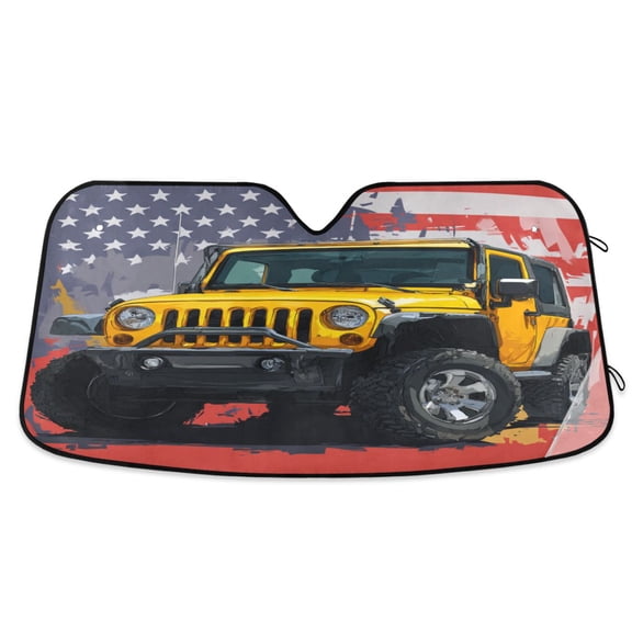 Foldable Car Windshield Sunshade UV Sun Visor Protector Blocks UV Rays Keeps Vehicle Cool 55x27.6 Inch Yellow Jeep Car Pattern