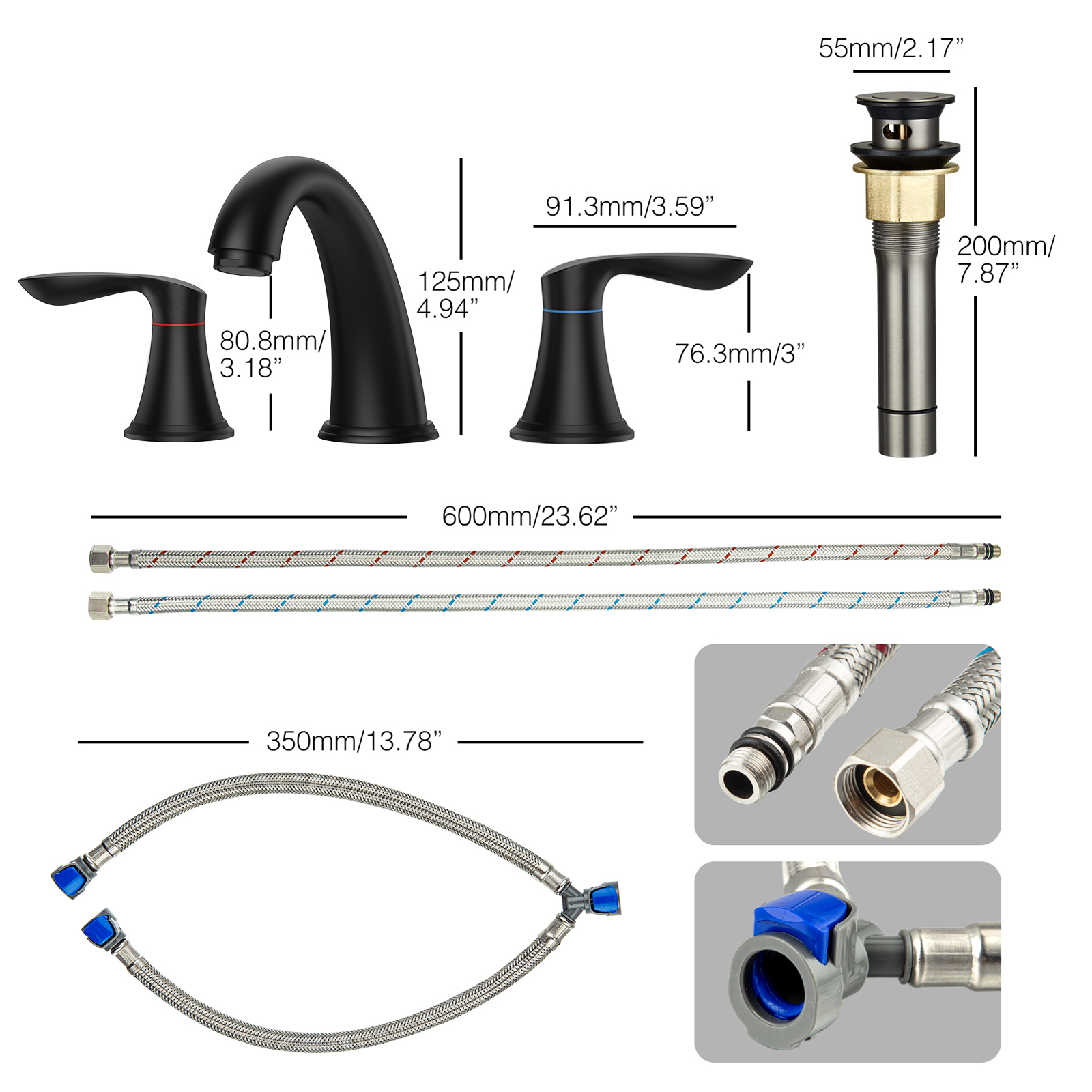 Bathroom Faucet 3 Hole, 8" Widespread Bathroom Faucets for Sink 3 Hole Brushed Nickel with Pop-Up Drain, CUPC Hose Water Supply Lines