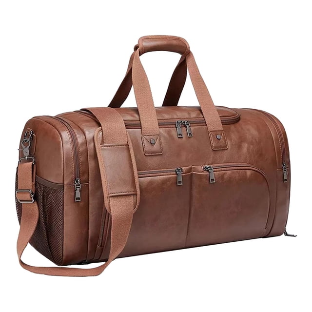 Bolso de lona de cuero PU, bolso de hombro, bolso de equipaje, bolso de viaje de negocios multifunción con compartimento para zapatos para acampar y Marrón