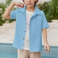 thumbnail image 3 of CYRBOKO Boys Button-down Shirts, Comfy Lapel Summer Casual Short Sleeve Tops Blue Size 10-12 T, 3 of 10