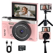 4K 75MP Digital Camera for Photography, Autofocus Vlogging Camera with 18X Zoom, 3" Flip Screen, Compact Travel Camera for Teens, 32GB Card & Selfie Tripod,Pink