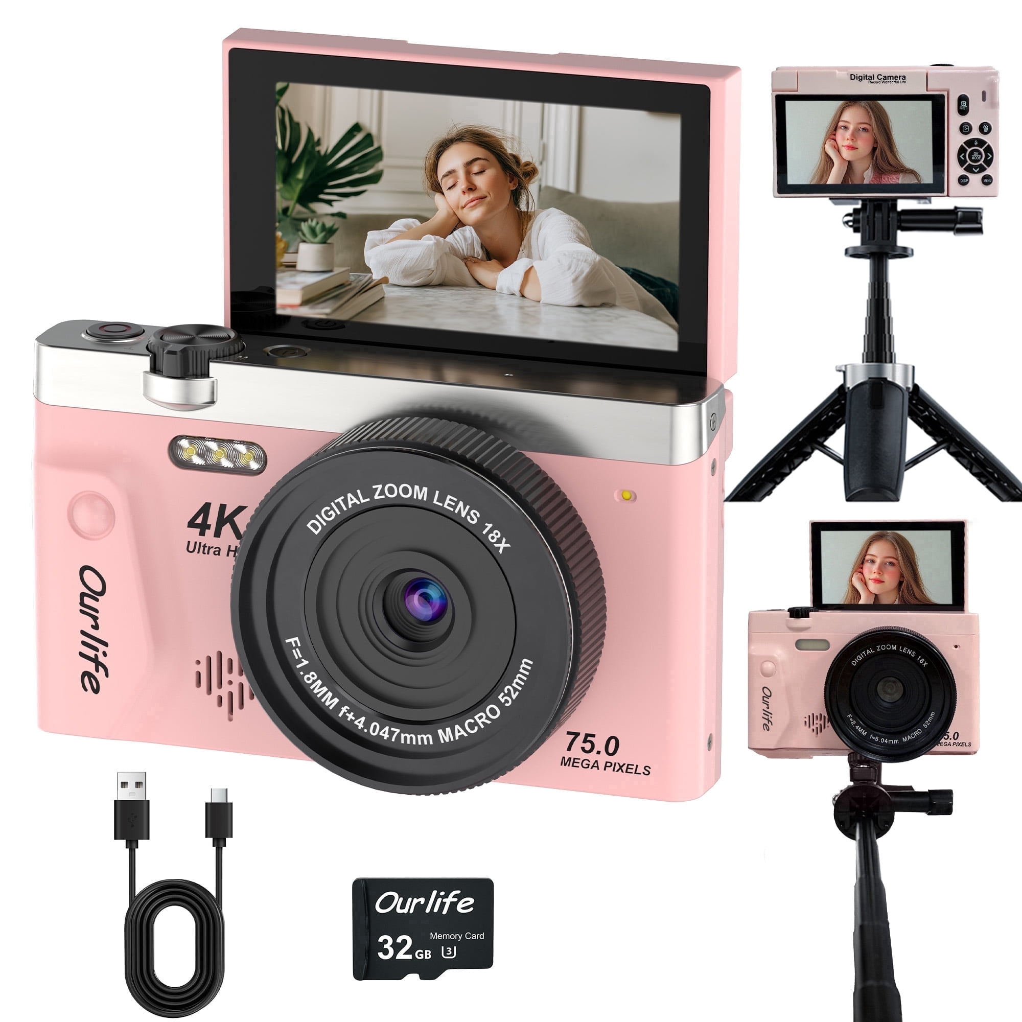 4K 75MP Digital Camera for Photography, Autofocus Vlogging Camera with 18X Zoom, 3" Flip Screen, Compact Travel Camera for Teens, 32GB Card & Selfie Tripod,Pink