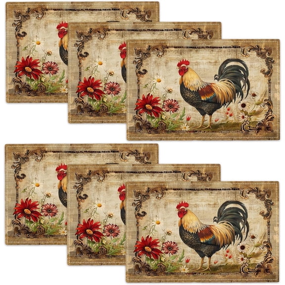 Farmhouse Rooster Placemats Set of 6 Farm Chicken Table Mats Country Flowers Place Mats Imitation Linen Heat Resistant Placemats for Vintage Dining Decoration Kitchen Party Restaurants 12''x18''