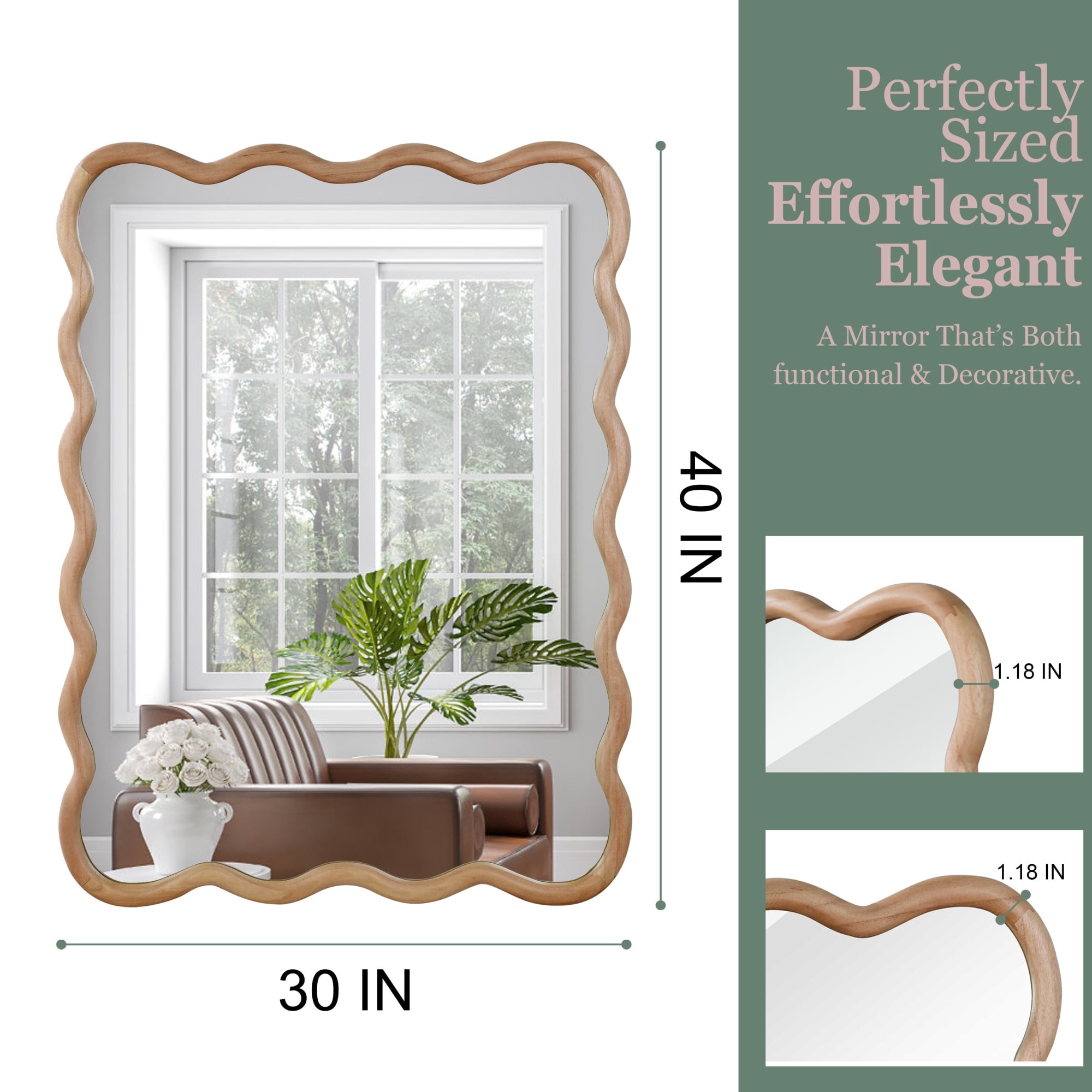 Leumius 30"x40" Wavy Rectangle Mirror, Solid Wood Frame Decorative Mirror for Bedroom Bathroom Living Room Entryway Natural