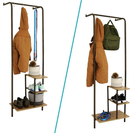 

Sunnydaze Indoor Wall-Mounted Garment Hanging Rack with Shelves - MDP Shelves with Powder-Coated Steel Frame - Black
