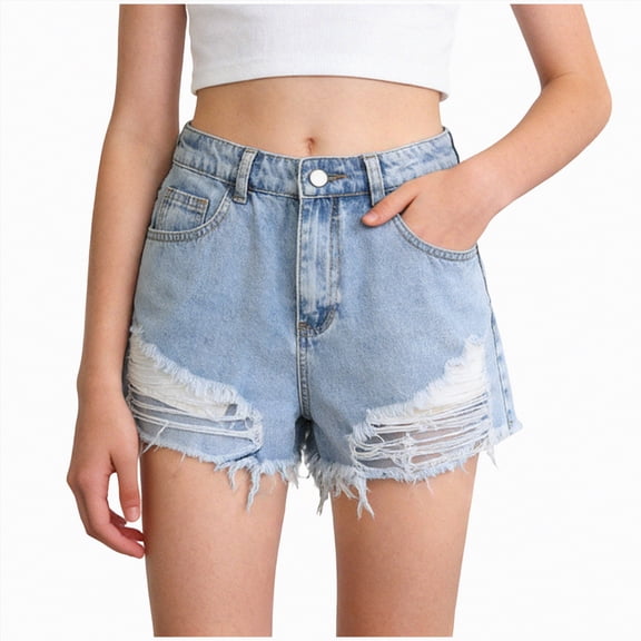 OYXSER Girls Ripped Jean Shorts Denim Elastic Waist Drawstring Y2K Vintage Mid Waist Straight Leg Denim Shorts, Light Blue 13-14Y
