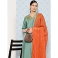 thumbnail image 4 of Janasya Women's Sage Green Crepe Silk Yoke Embroidered Solid Kurta with Pant and Dupatta, 4 of 8