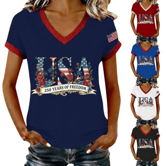 YVNAURA America 250 Vintage Patriotic V Neck T Shirt for Women 1776-2026 Faded Flag Graphic Tee Semiquincentennial Limited Edition Casual Streetwear Top for 4th of July, Dark Blue, L